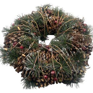 handmade Christmas wreath green brown pine cones holly berries silver 10" READ